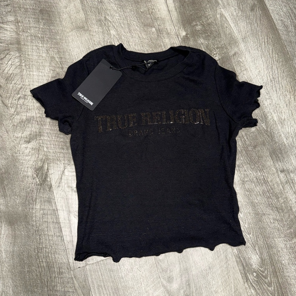 True Religion Black Short Sleeve Logo Ruffle Tee